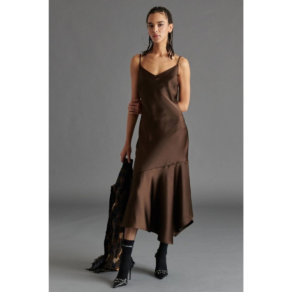 Steve Madden Brown Satin Asymmetric Slip Midi Dress - Picture 14 of 14